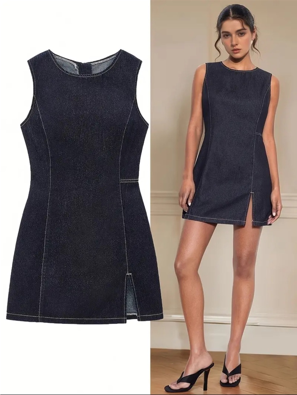 Dark Denim Mini Dress with slit. NWT. BLUE. - Picture 3 of 5